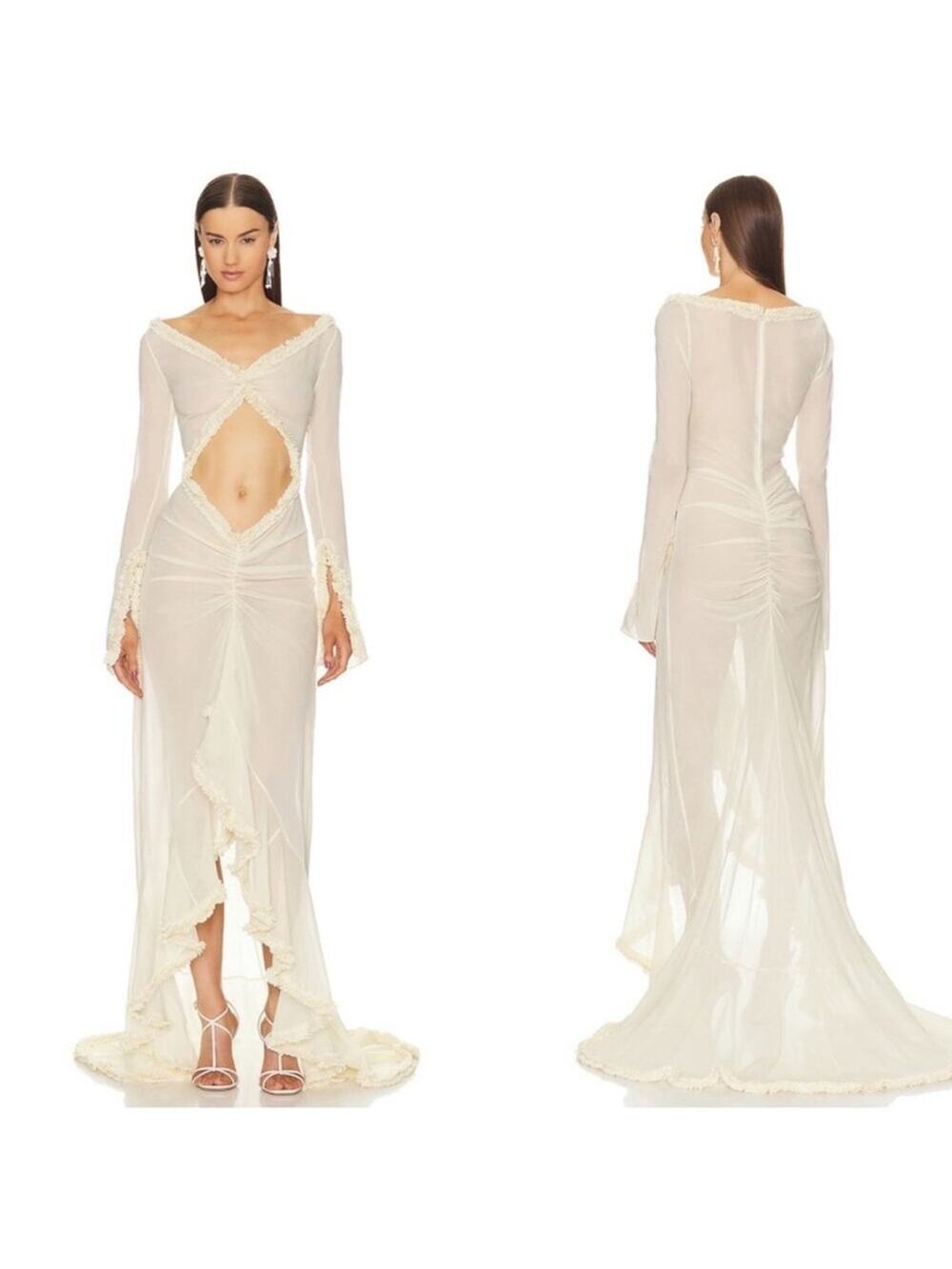 HELSA Hilma Silk Long Sleeve Ruffle Tiered Cutout Crème Beige Maxi Gown Size XS